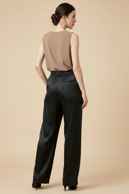 Pantalon Chinois Satin Jacquard Ample Noir Élégant Fluide - vue 2