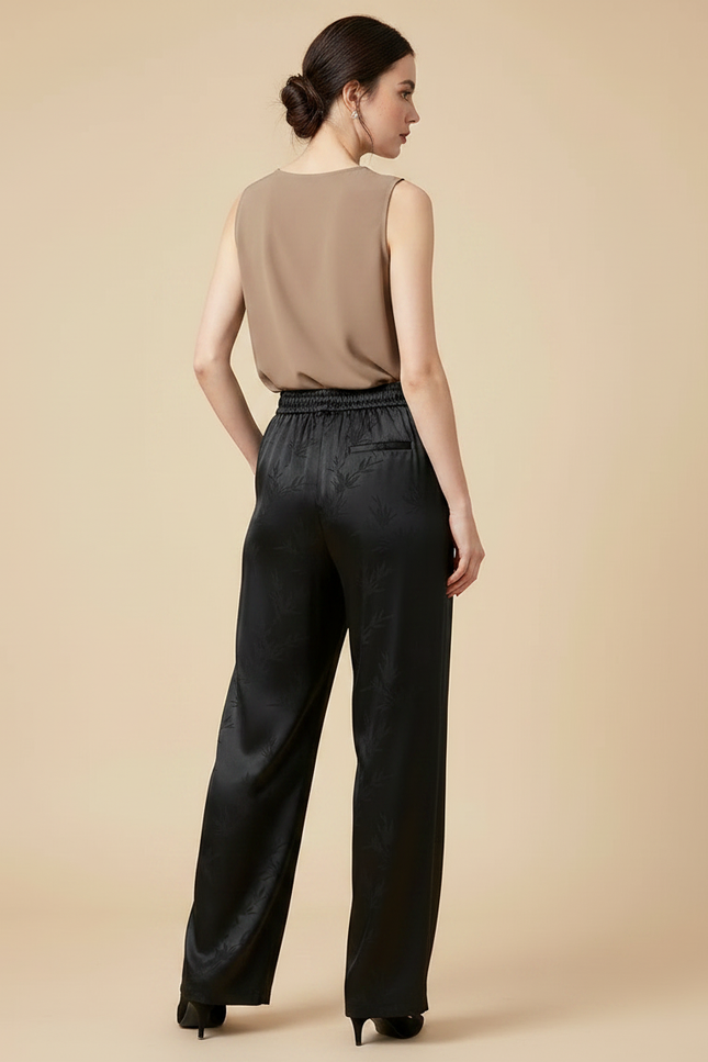 Pantalon Chinois Satin Jacquard Ample Noir Élégant Fluide - vue 2