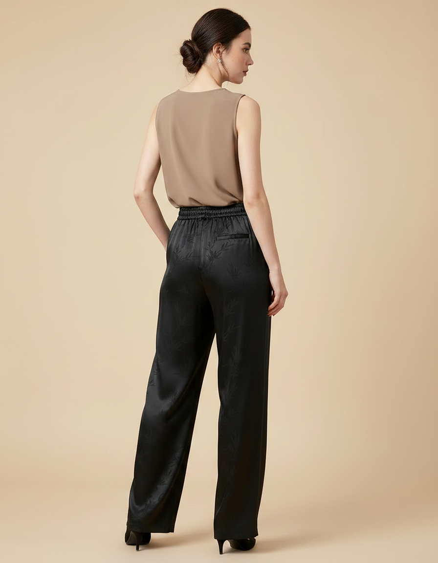 Pantalon Chinois Satin Jacquard Ample Noir Élégant Fluide - vue 2