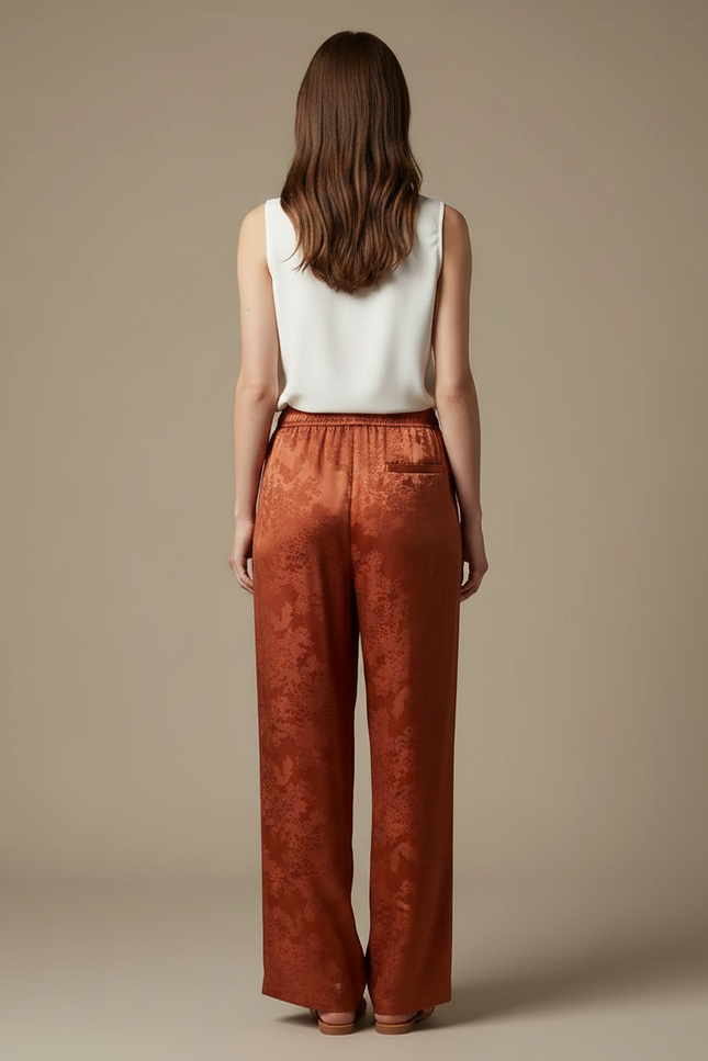 Pantalon Chinois Terracotta Jacquard Floral Fluide Élégant - Orange Satin - vue 2