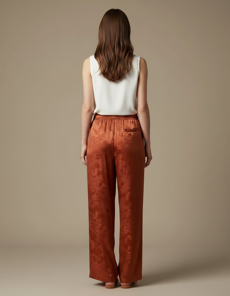 Pantalon Chinois Terracotta Jacquard Floral Fluide Élégant - Orange Satin - vue 2
