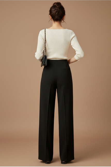 Pantalon Chinois Noir Ample Taille Haute Élégant - Polyester - vue 2