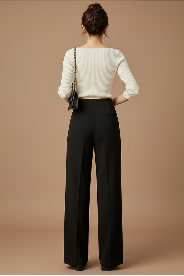 Pantalon Chinois Noir Ample Taille Haute Élégant - Polyester - vue 2