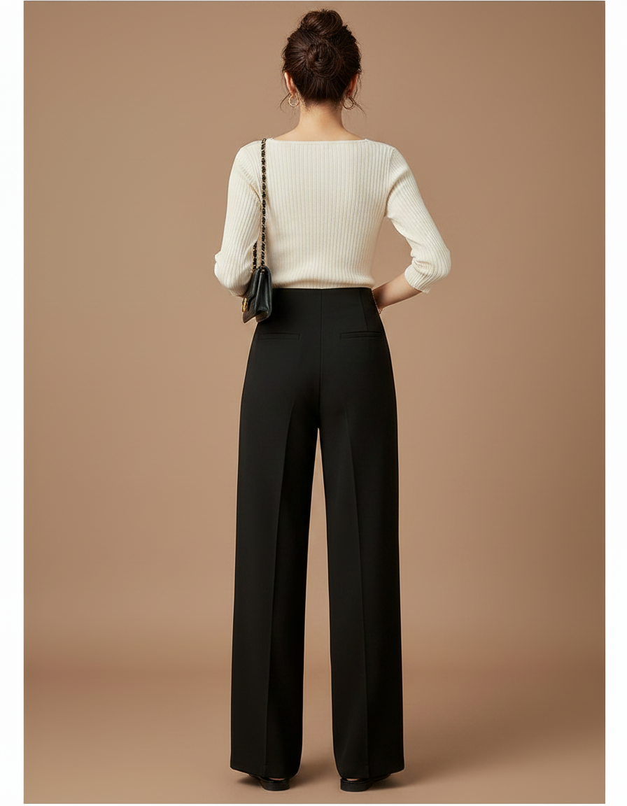 Pantalon Chinois Noir Ample Taille Haute Élégant - Polyester - vue 2