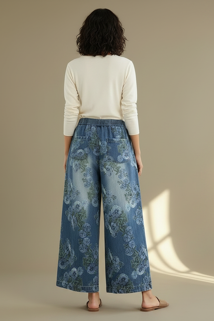 Pantalon Chinois Denim Floral Ample Fluide Imprimé - Jean - vue 2