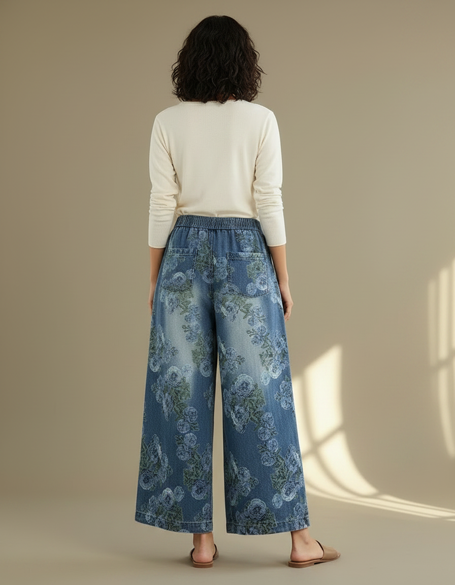 Pantalon Chinois Denim Floral Ample Fluide Imprimé - Jean - vue 2