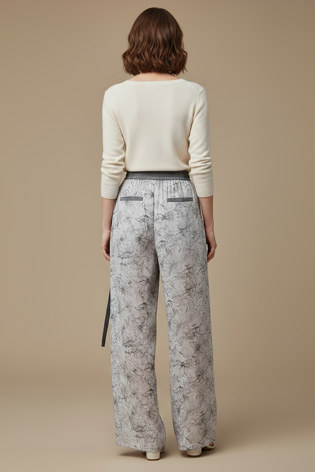 Pantalon Chinois Fluide Imprimé Taille Haute Décontracté Femme - Gris Viscose - vue 2