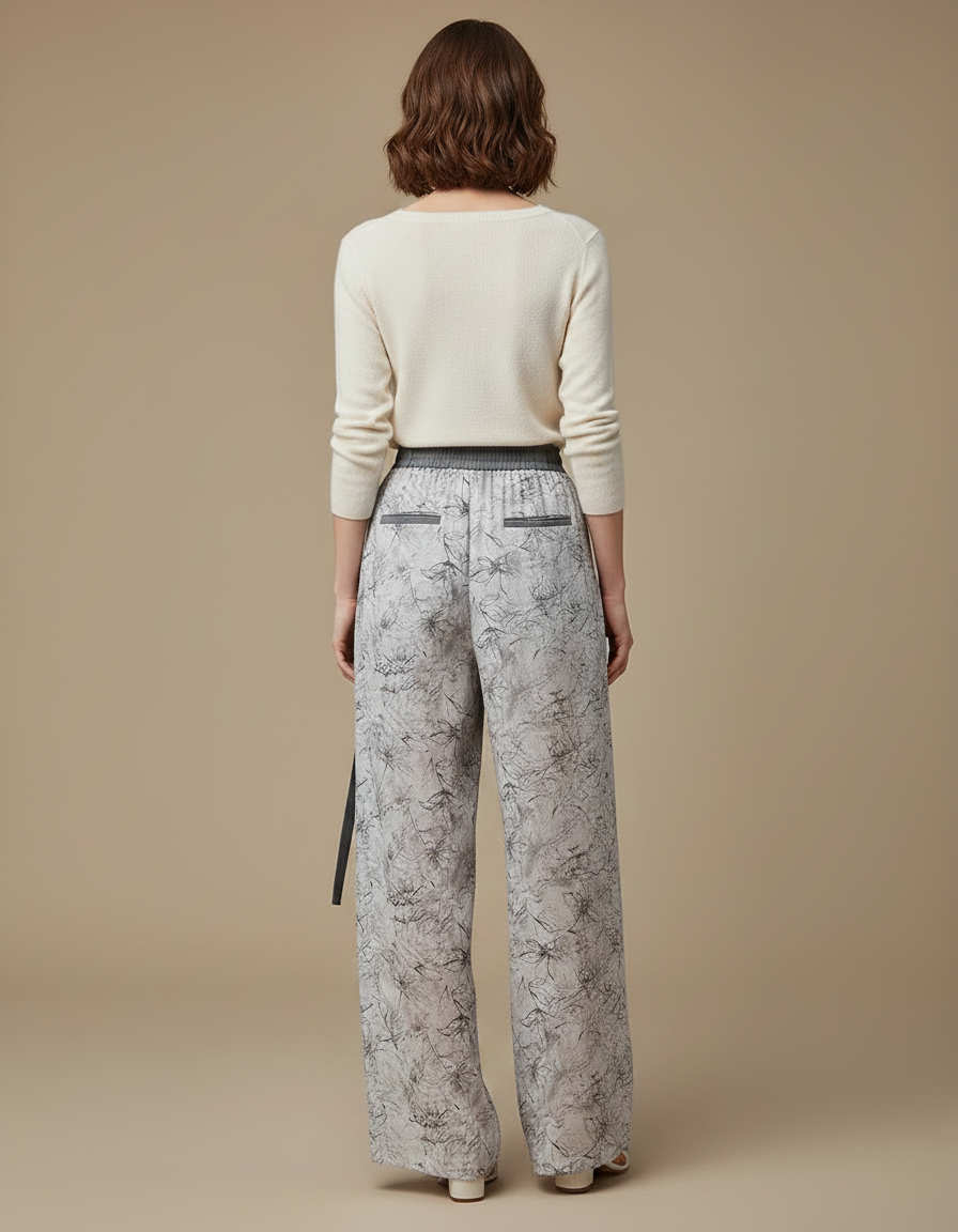 Pantalon Chinois Fluide Imprimé Taille Haute Décontracté Femme - Gris Viscose - vue 2