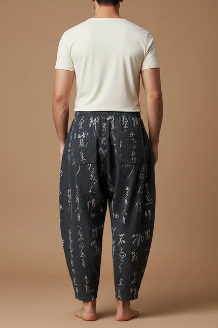 Pantalon Chinois Gris Ample Calligraphie Fluide Homme - Lin - vue 2