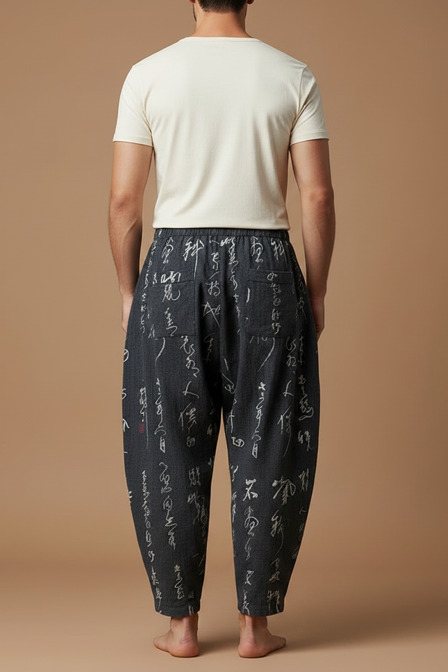 Pantalon Chinois Gris Ample Calligraphie Fluide Homme - Lin - vue 2