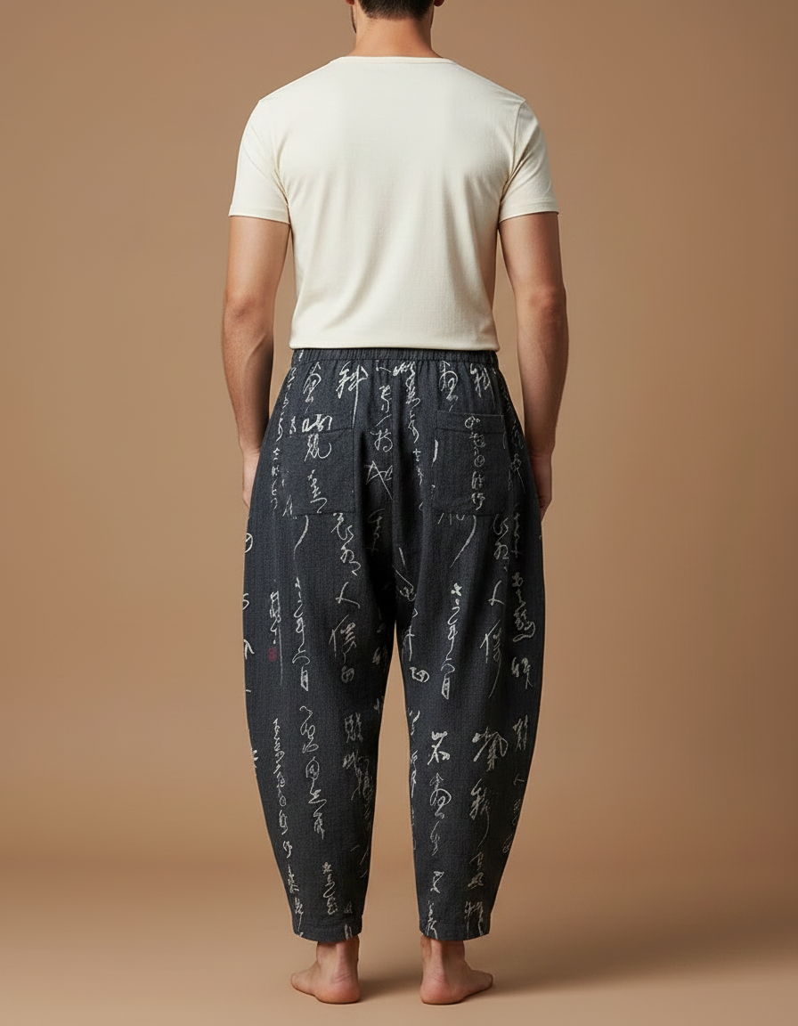Pantalon Chinois Gris Ample Calligraphie Fluide Homme - Lin - vue 2