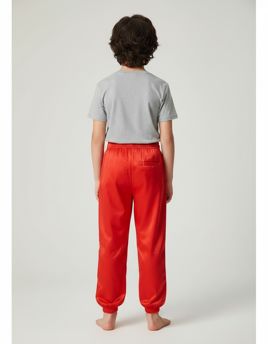 Pantalon Chinois Rouge Ample Dragon Brodé Enfant - Satin - vue 2