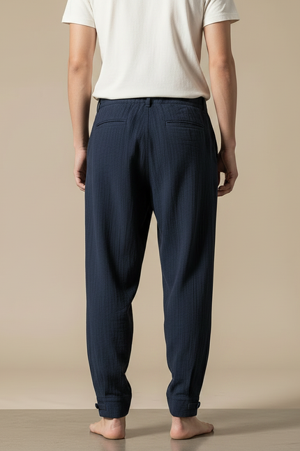 Pantalon Chinois Bleu Marine Plissé Ample Coton Lin - vue 2