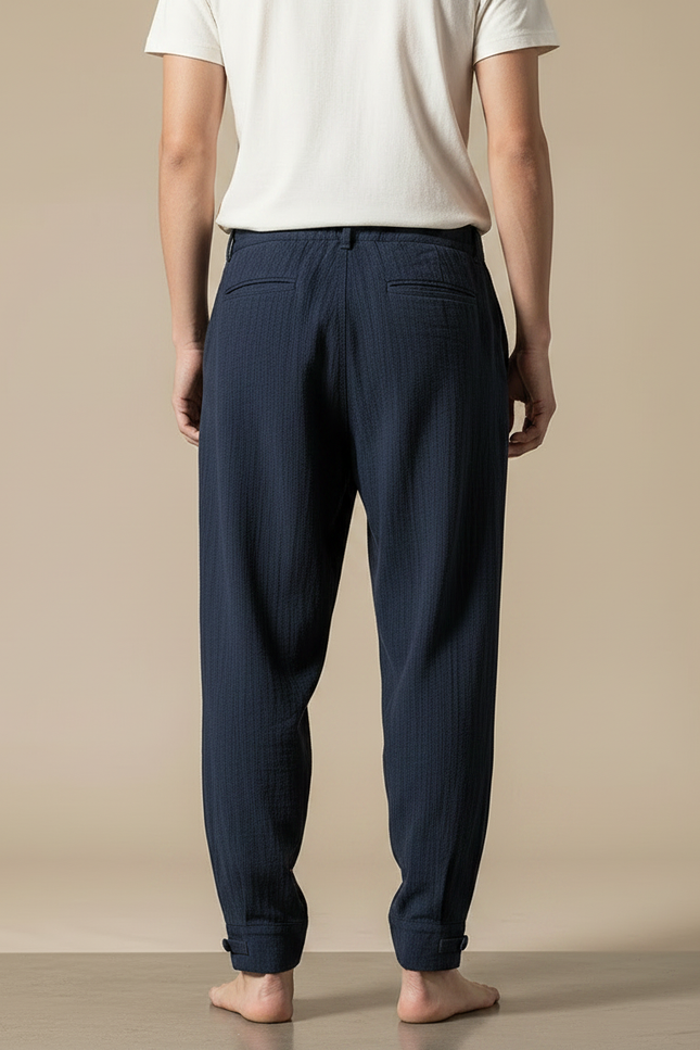 Pantalon Chinois Bleu Marine Plissé Ample Coton Lin - vue 2