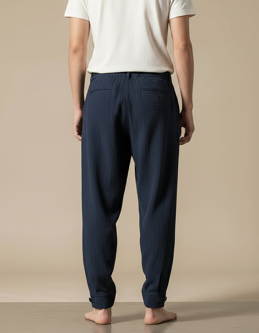 Pantalon Chinois Bleu Marine Plissé Ample Coton Lin - vue 2