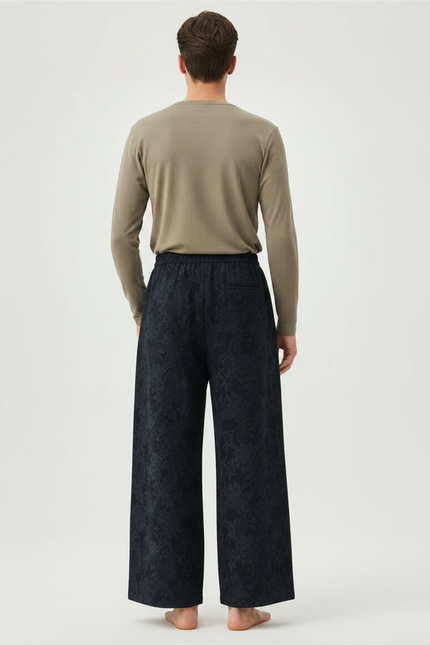 Pantalon Chinois Jacquard Brodé Ample Élastique Ethnique - Marine Viscose - vue 2