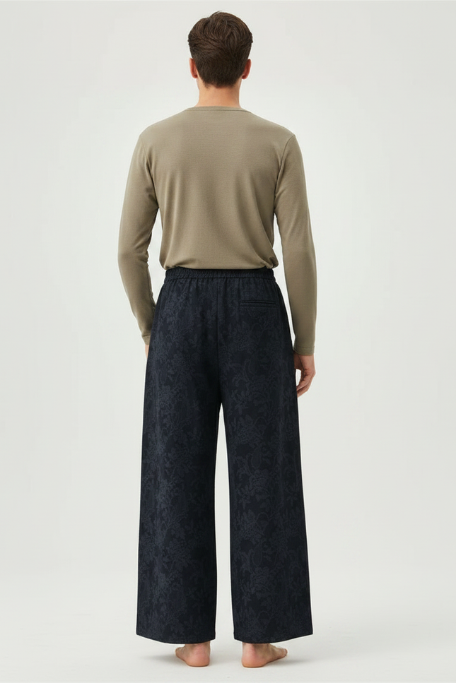 Pantalon Chinois Jacquard Brodé Ample Élastique Ethnique - Marine Viscose - vue 2