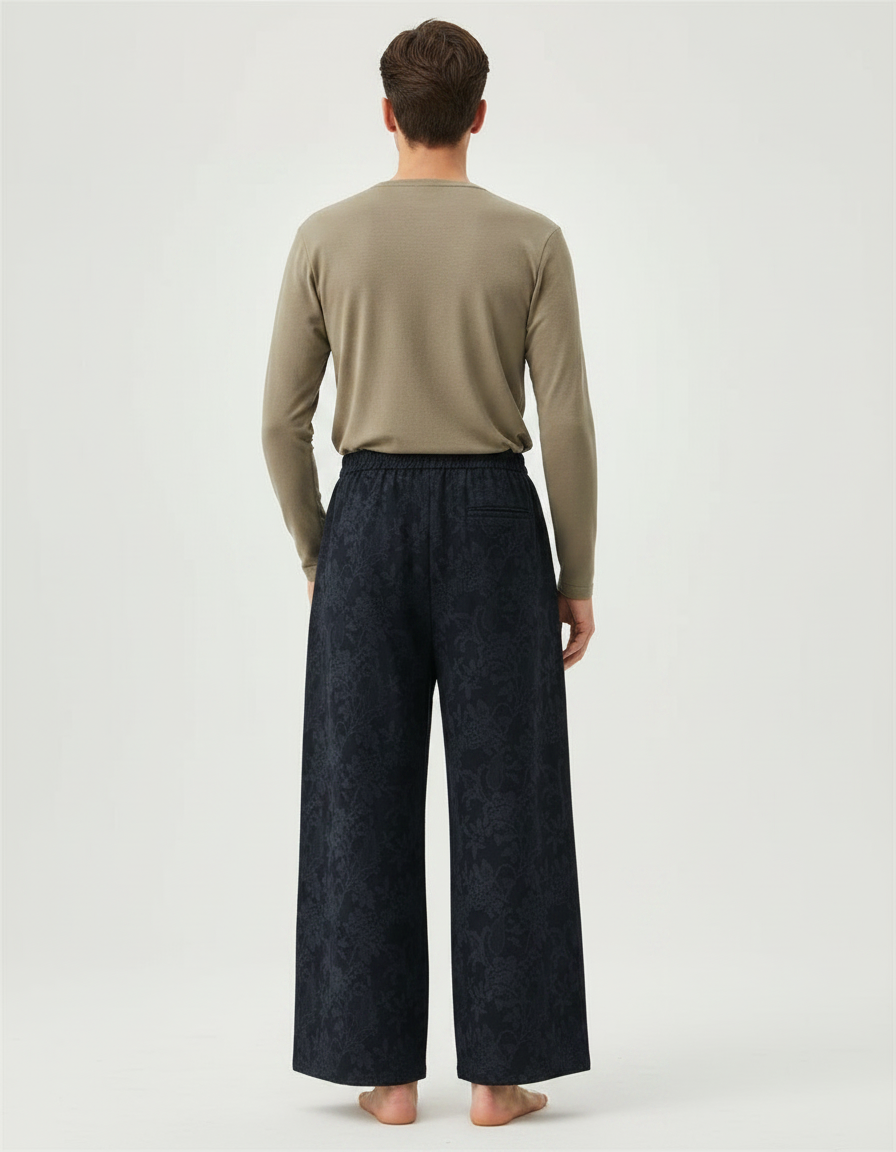 Pantalon Chinois Jacquard Brodé Ample Élastique Ethnique - Marine Viscose - vue 2