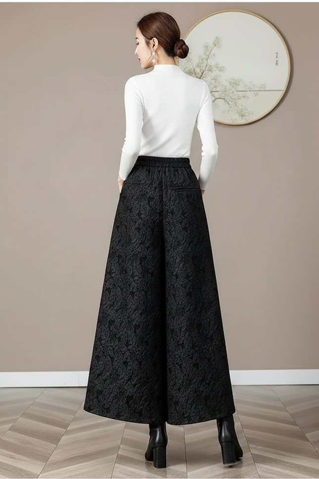 Pantalon Chinois Large Jacquard Noir Rétro Élégant - Polyester - vue 2