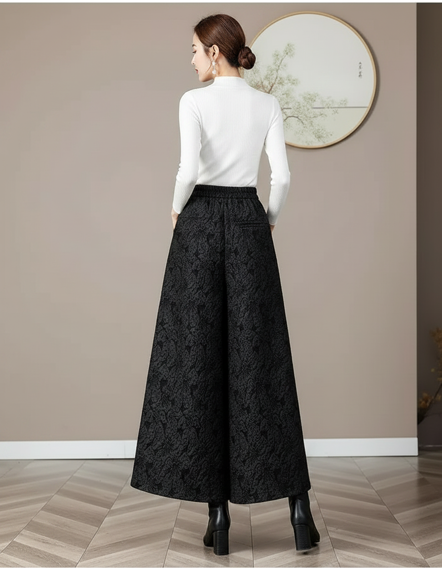 Pantalon Chinois Large Jacquard Noir Rétro Élégant - Polyester - vue 2
