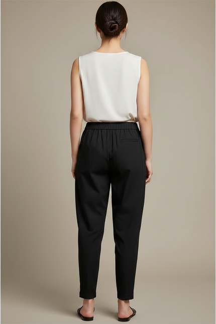 Pantalon Chinois Noir Ample Élastique Décontracté Boutons - Viscose - vue 2