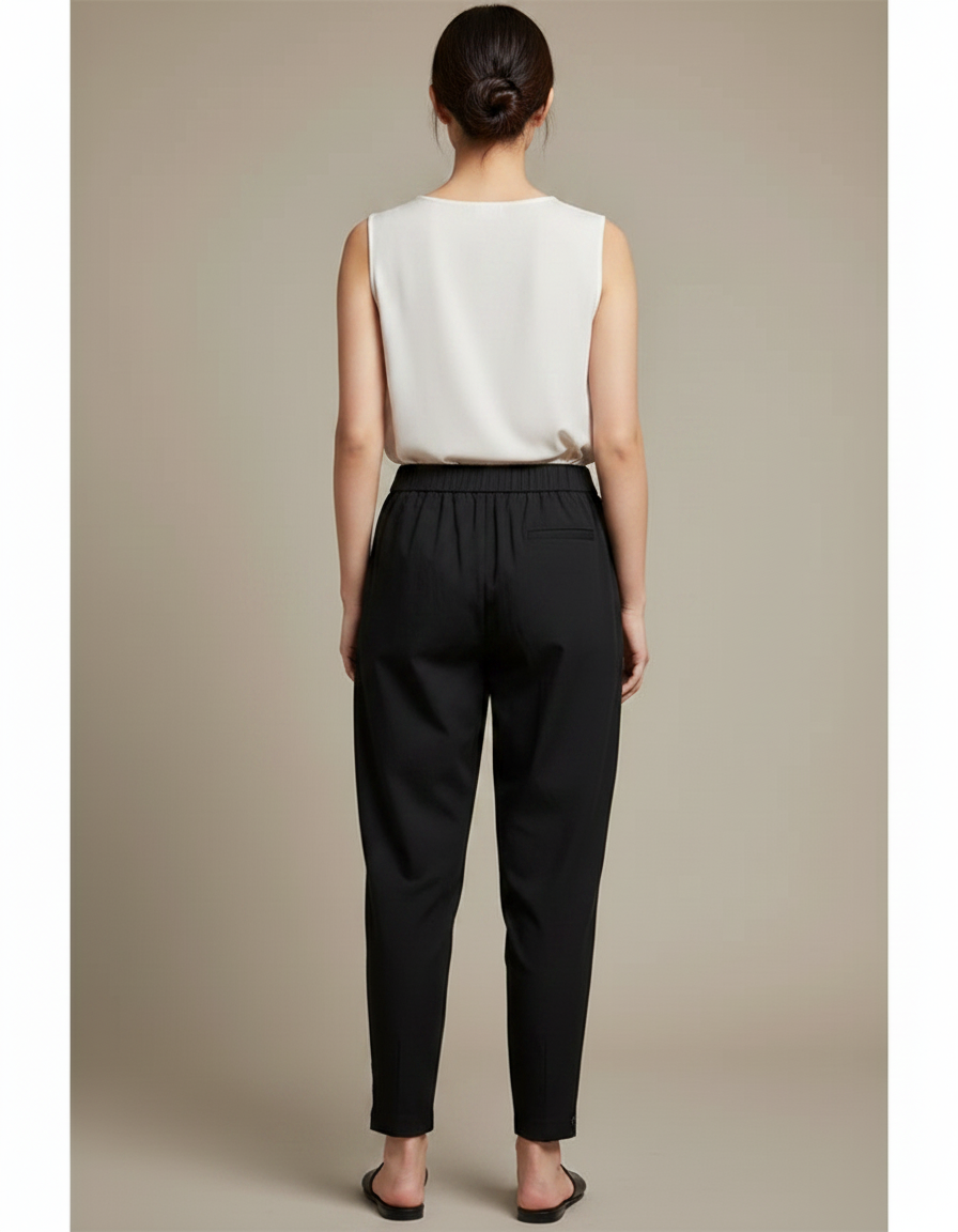 Pantalon Chinois Noir Ample Élastique Décontracté Boutons - Viscose - vue 2