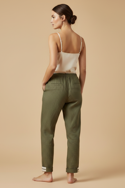 Pantalon Chinois Vert Kaki Coton Ample Décontracté Femme - Lin - vue 2