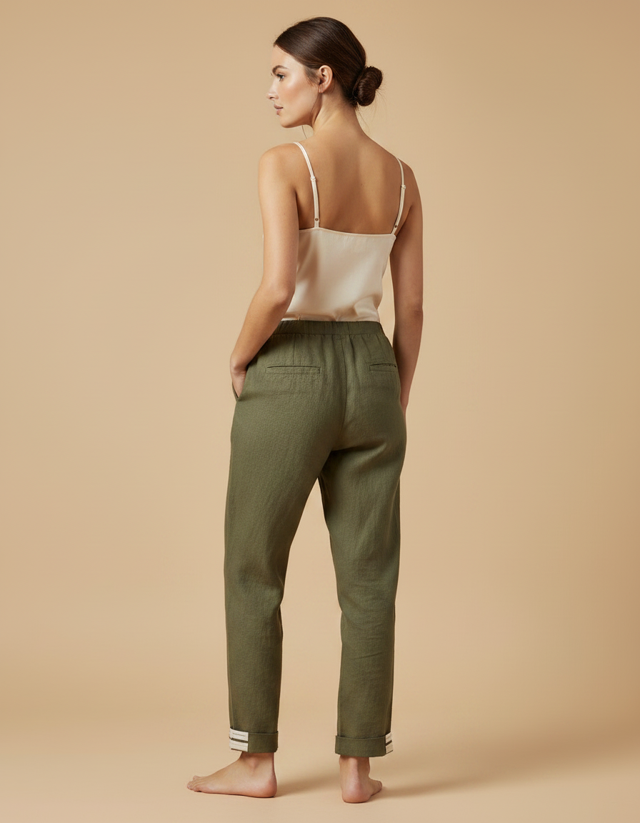 Pantalon Chinois Vert Kaki Coton Ample Décontracté Femme - Lin - vue 2