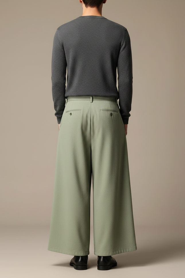 Pantalon Chinois Ample Vert Plissé Ceinture Décontracté - Polyester - vue 2
