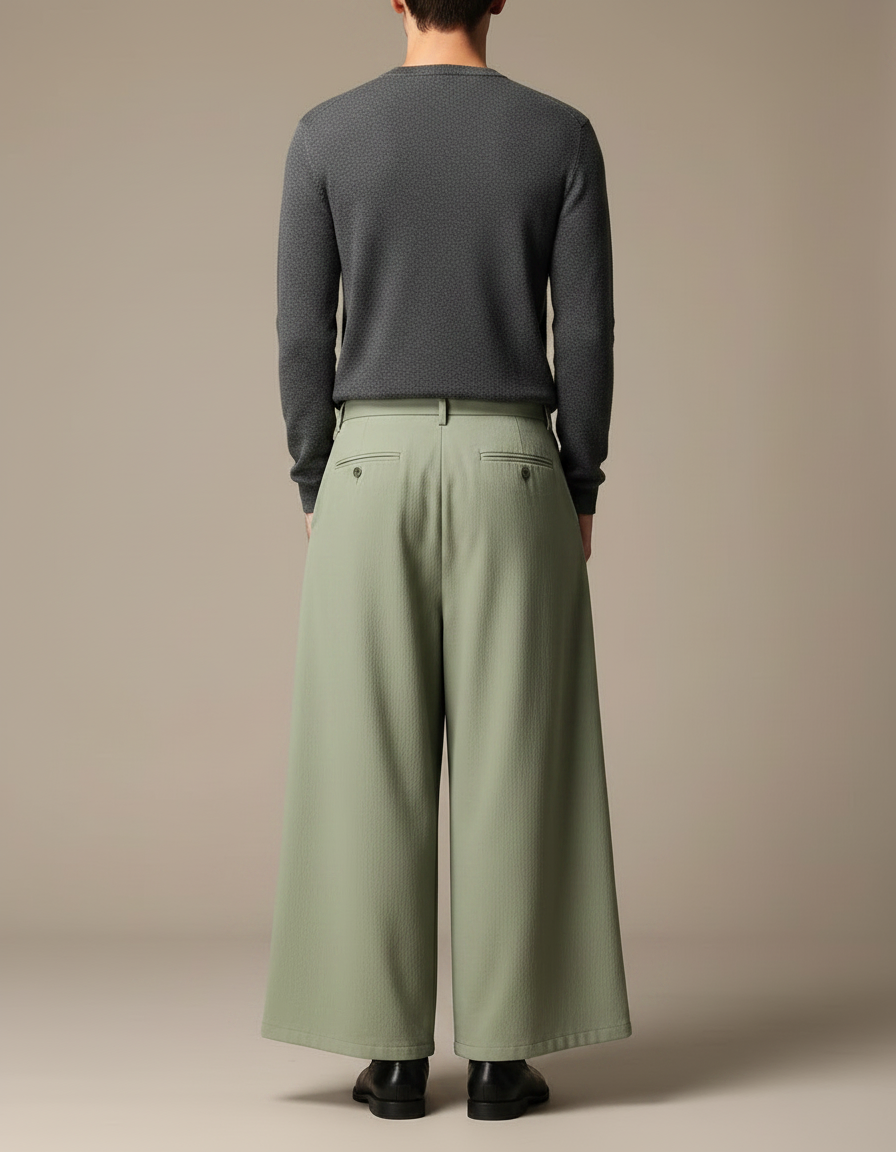 Pantalon Chinois Ample Vert Plissé Ceinture Décontracté - Polyester - vue 2