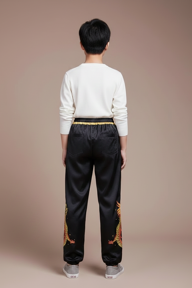Pantalon Chinois Noir Satiné Dragon Enfant Brodé - vue 2
