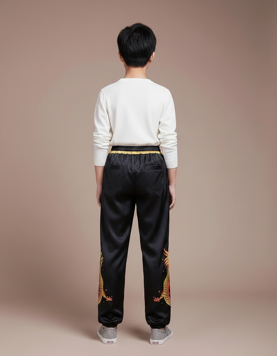 Pantalon Chinois Noir Satiné Dragon Enfant Brodé - vue 2