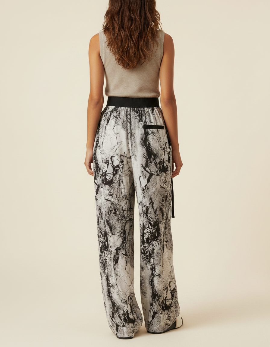 Pantalon Chinois Imprimé Encre Fluide Ample Noué Femme - Viscose - vue 2