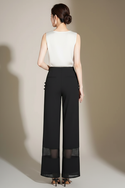 Pantalon Chinois Noir Fluide Transparent Élégant Femme - Polyester - vue 2