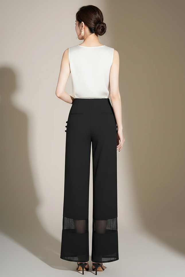 Pantalon Chinois Noir Fluide Transparent Élégant Femme - Polyester - vue 2