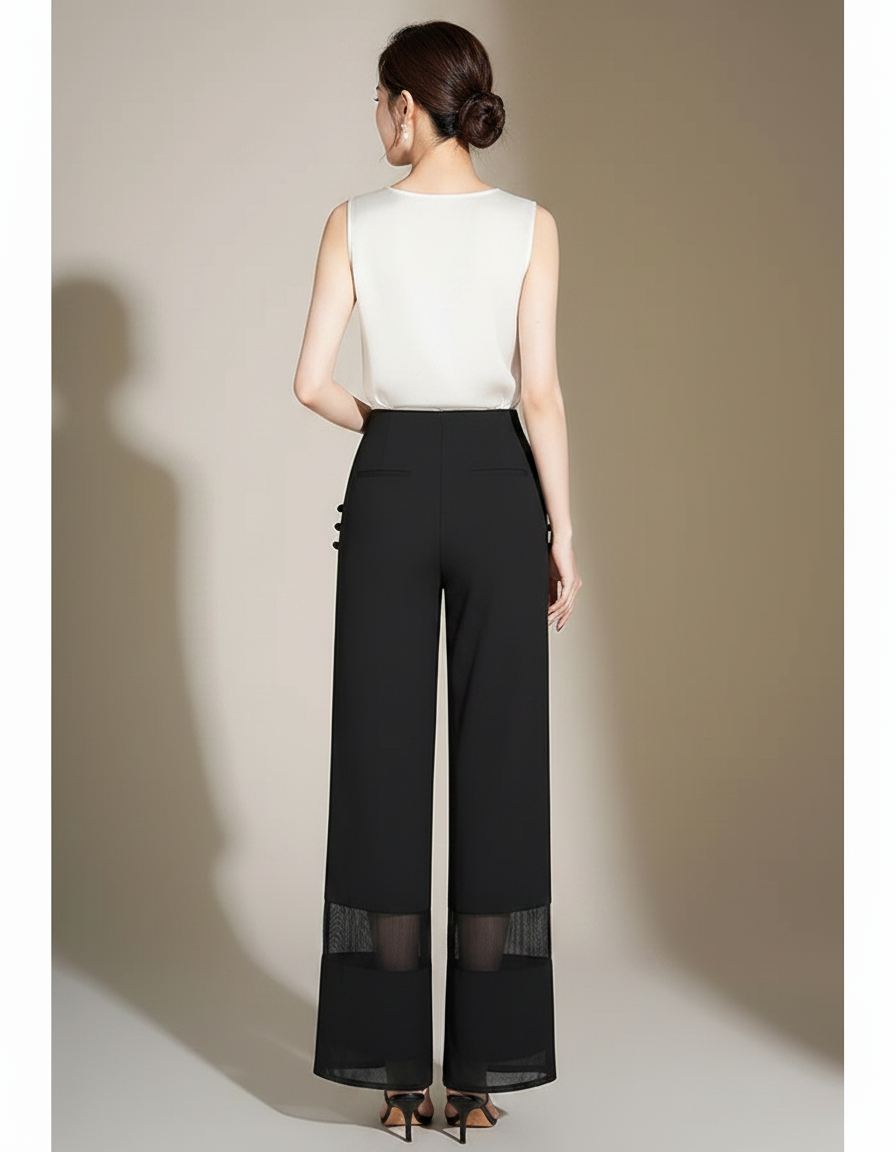 Pantalon Chinois Noir Fluide Transparent Élégant Femme - Polyester - vue 2
