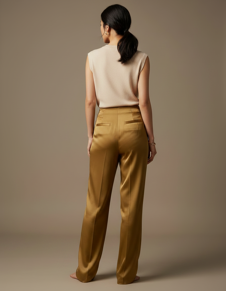 Pantalon Chinois Doré Satiné Ample Nœuds Femme - vue 2