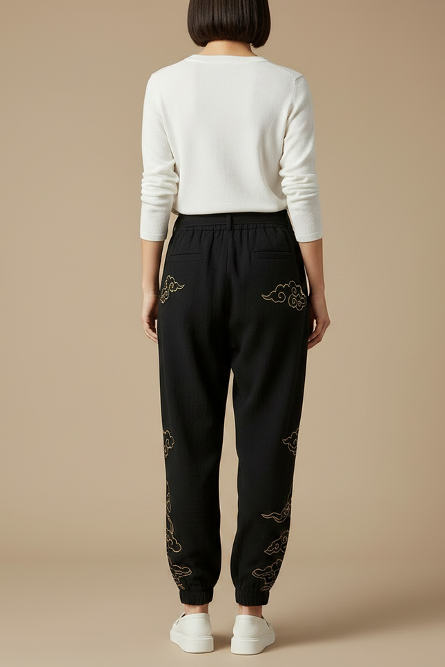 Pantalon Chinois Noir Brodé Harem Fluide Femme - Lin - vue 2