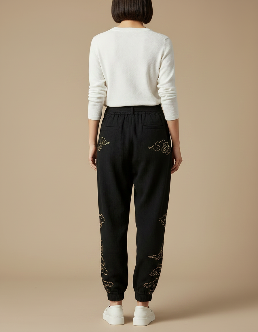 Pantalon Chinois Noir Brodé Harem Fluide Femme - Lin - vue 2