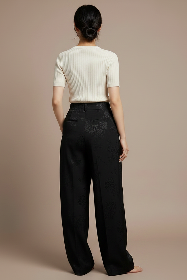 Pantalon Chinois Noir Jacquard Ample Fluide Femme - Satin - vue 2