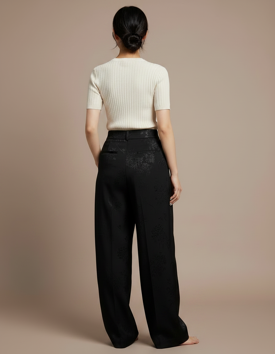 Pantalon Chinois Noir Jacquard Ample Fluide Femme - Satin - vue 2