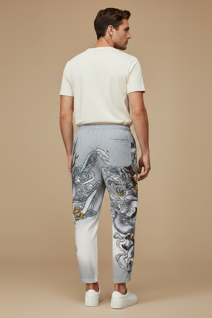 Pantalon Chinois Gris Dragon Imprimé Harem Décontracté - Polyester - vue 2