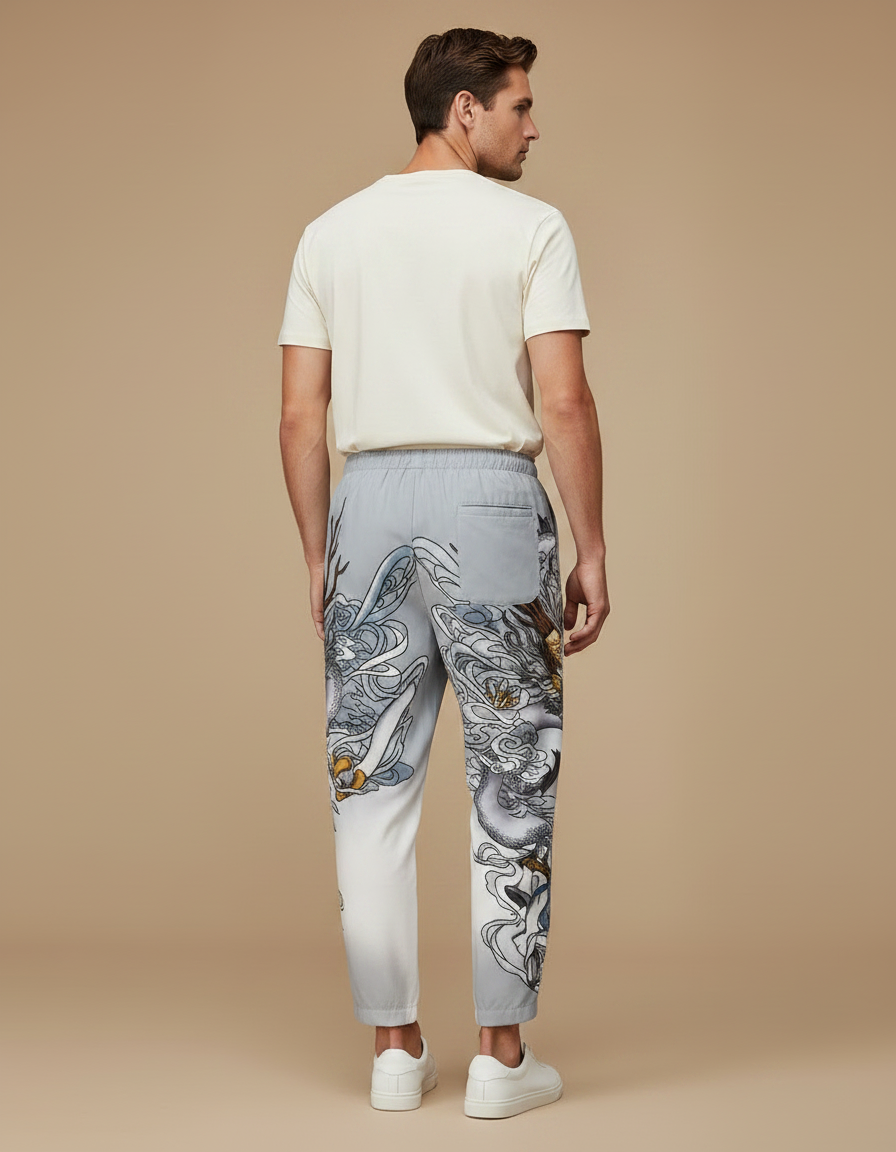 Pantalon Chinois Gris Dragon Imprimé Harem Décontracté - Polyester - vue 2
