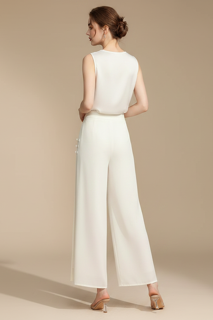 Pantalon Chinois Fluide Écru Fendu Élégant Chiffon - Blanc Polyester - vue 2