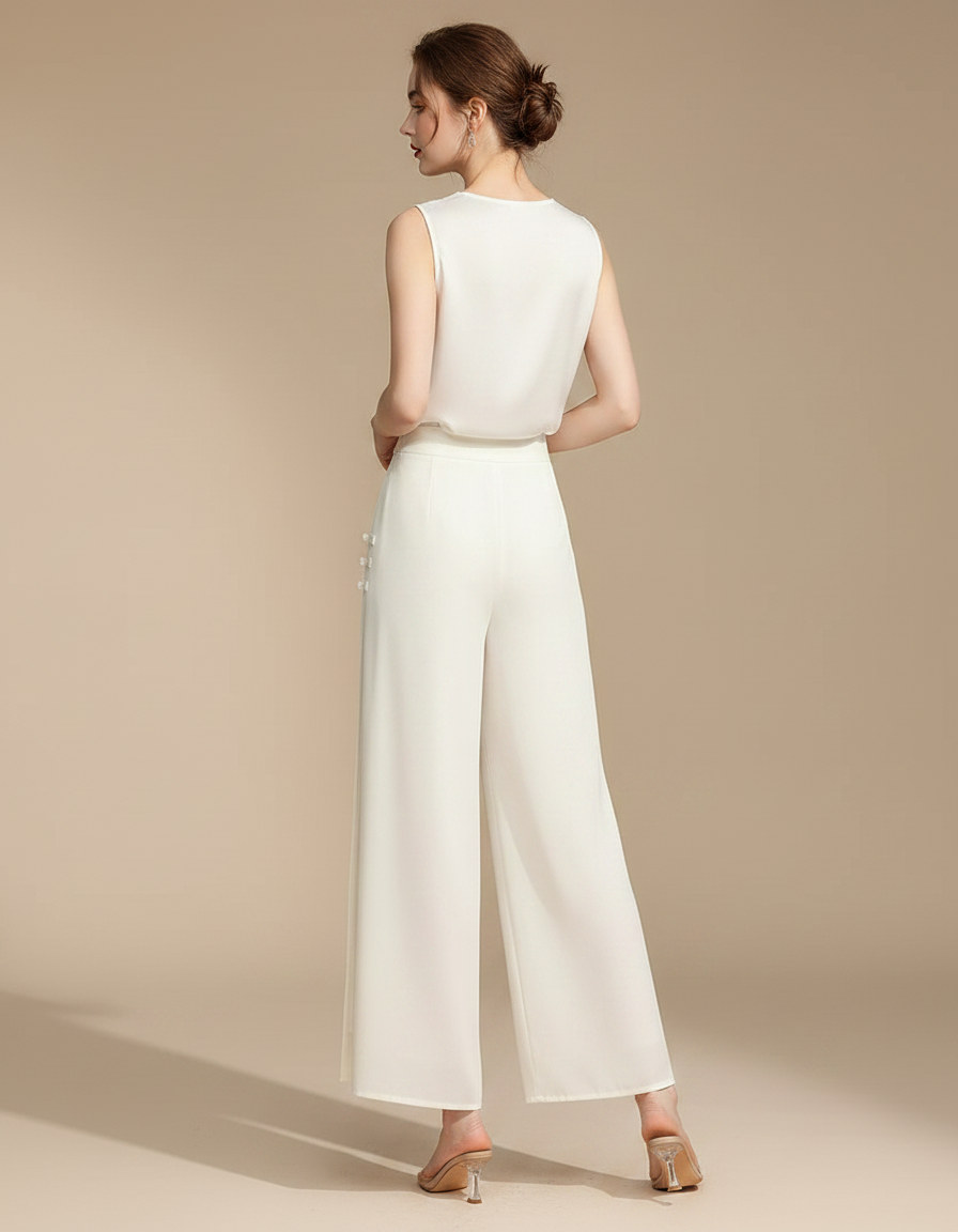 Pantalon Chinois Fluide Écru Fendu Élégant Chiffon - Blanc Polyester - vue 2
