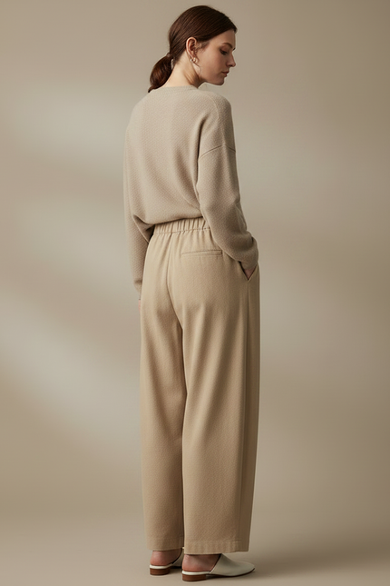 Pantalon Chinois Beige Ample Taille Haute Confortable - Laine - vue 2