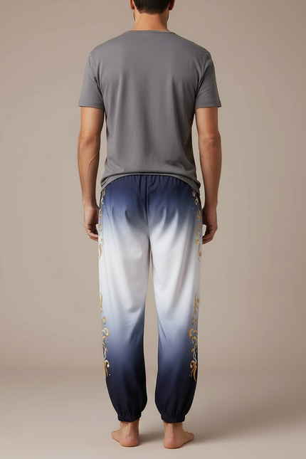 Pantalon Chinois Dégradé Bleu Ornement Doré Fluide - Satin - vue 2