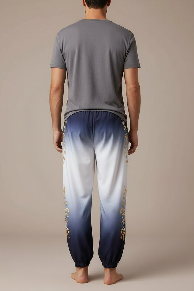 Pantalon Chinois Dégradé Bleu Ornement Doré Fluide - Satin - vue 2