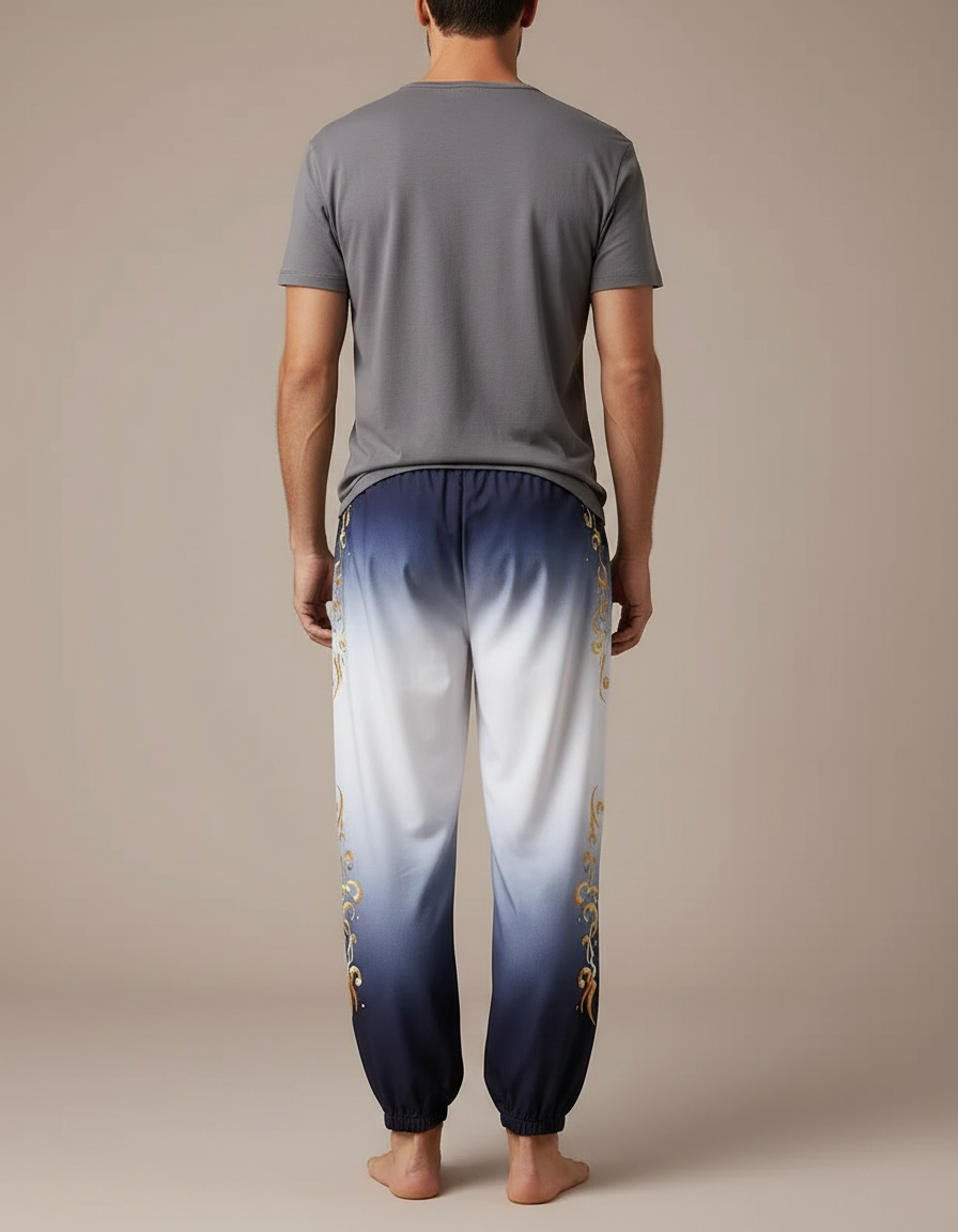 Pantalon Chinois Dégradé Bleu Ornement Doré Fluide - Satin - vue 2