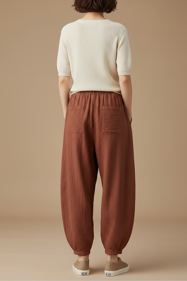 Pantalon Chinois Marron Ample Coton Lin Vintage Harem - vue 2
